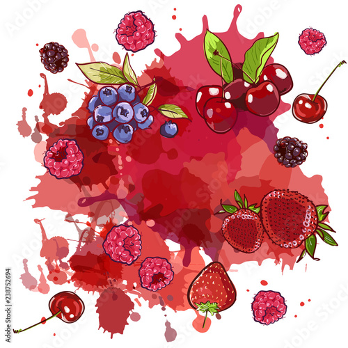Watercolor stains and wild berries Cherry, strawberry and raspberry, blueberry, blackberry on white background. Splashes and drops flying to the sides. Vector Hand drawn illustration in sketch style.