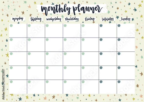 Cute monthly planner for 2019 year on pastel background with stars. A4 print ready open date calendar design.