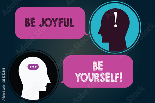 Conceptual hand writing showing Be Joyful Be Yourself. Business photo showcasing Enjoy life happiness smiling always cheerful Messenger Room with Chat Heads Speech Bubbles Punctuations