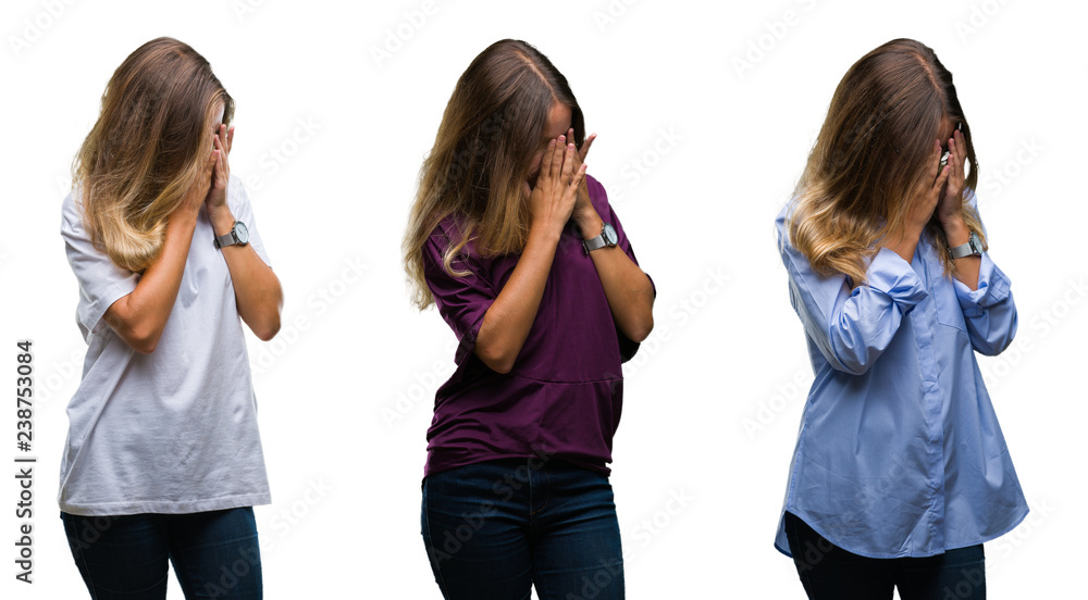 Collage of young beautiful blonde woman over isolated background with sad expression covering face with hands while crying. Depression concept. Collage of young beautiful blonde woman over isolated background with sad expression covering face with hands while crying. Depression concept.