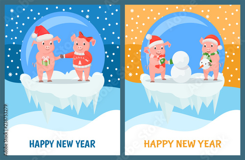 New Year Piglets Couples, Gift Box and Snowman