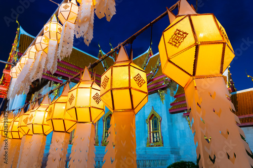 Tons of lanterns are decoratiing inside Wat Benchamabophit, the Marble temple Bangkok during New Year Celebration at dusk. photo