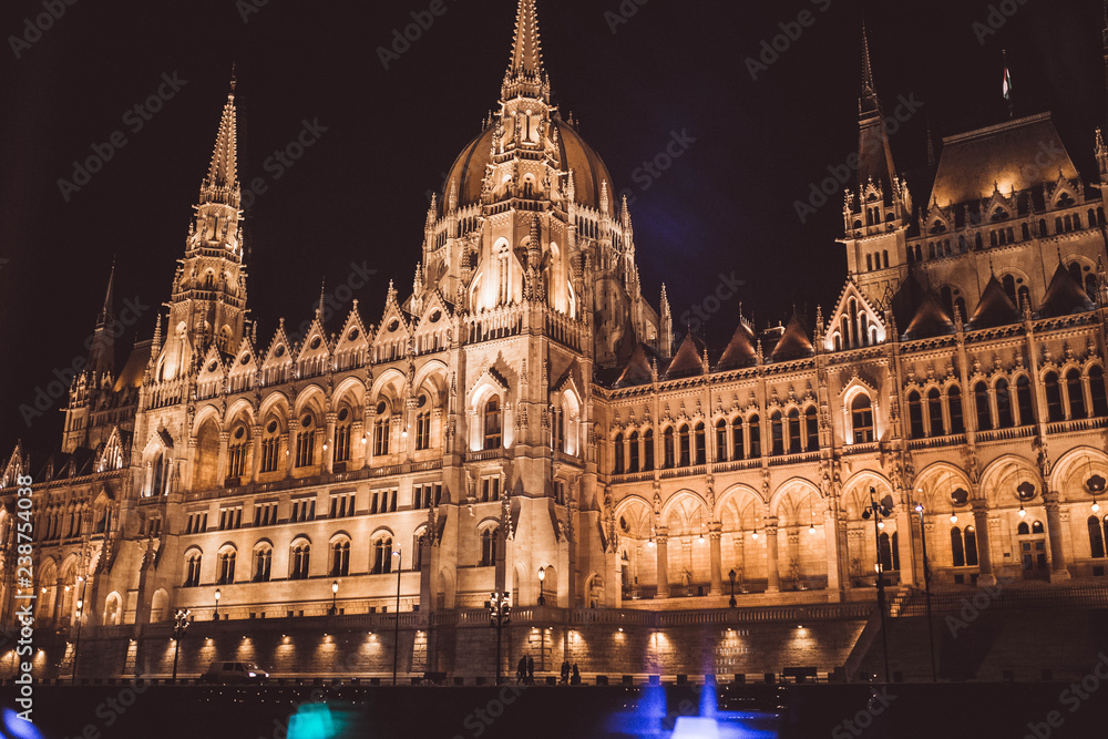 Hungarian Parliament at night on the River Danube, Budapest, Hungary, Europe