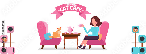 Fb Cover horizontal Web Banner Social Media Design for cat cafe Template. Vector on white background. Girl and cat coffee party. Spending time with pet. Flat cartoon vector illustration