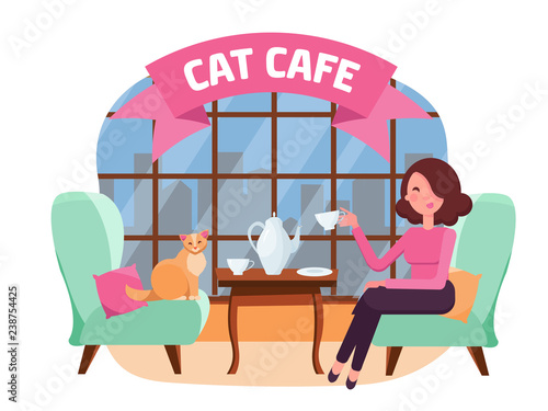 Interior of cat cafe with large window, woman and Kitty in comfortable armchairs. Girl and cat Tea party. Spending time with pet. Arcuate Ribbon with Text. Flat cartoon vector illustration pink colors