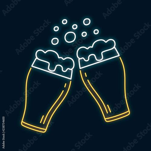 Glowing neon clinking beer glasses. Toasting glasses. Led luminous sign for bar menu or signboard. Vector isolated illustration.