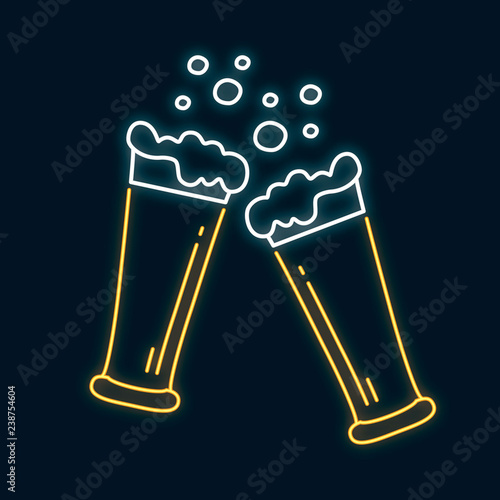 Glowing neon clinking beer glasses for lager. Toasting glasses. Led luminous sign for bar menu or signboard. Vector isolated illustration.