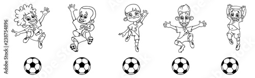 Set of children soccer players, a ball game