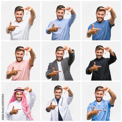 Collage of young doctor arab business man isolated background smiling making frame with hands and fingers with happy face. Creativity and photography concept.