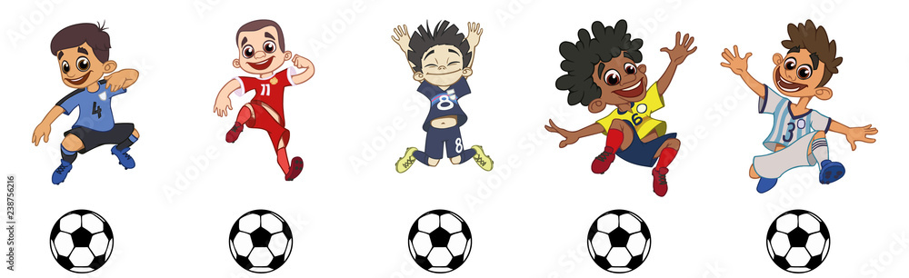 Set of children soccer players, a ball game Set of children soccer players, a ball game