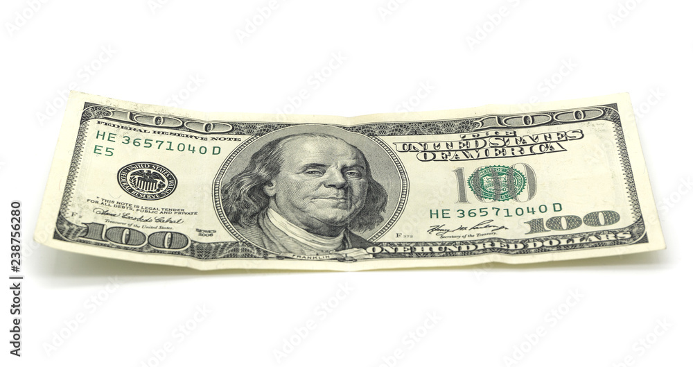 One hundred US dollar bill isolated on white background. american money One hundred US dollar bill isolated on white background. american money