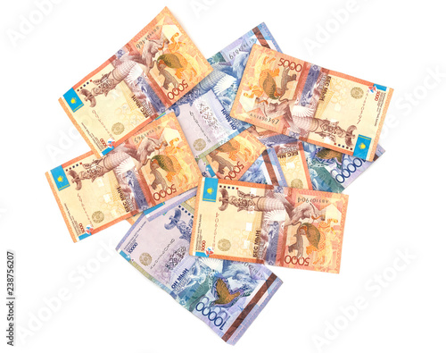 Kazakhstan money bills isolated on white background. tenge banknotes