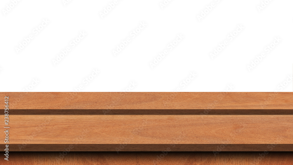 Wooden old table isolated on white background. For your product placement or montage with focus to the table top in the foreground. Empty wooden orange shelf. shelves Wooden old table isolated on white background. For your product placement or montage with focus to the table top in the foreground. Empty wooden orange shelf. shelves