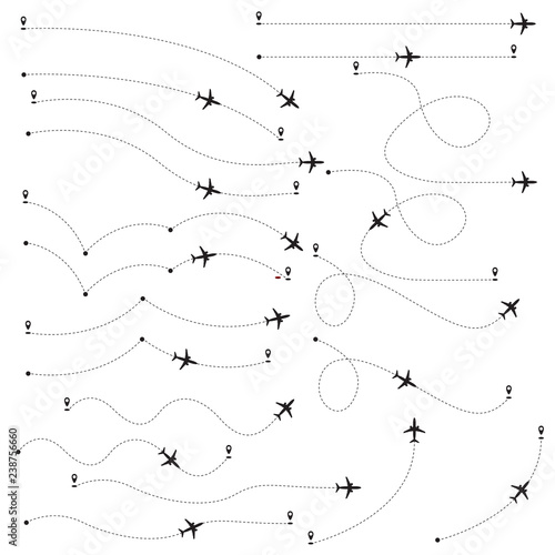 Airplane route or path vector illustration set. Vector.