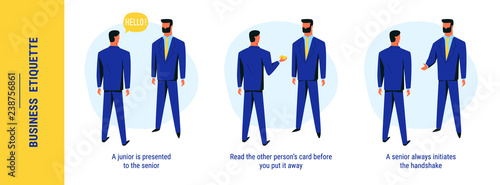 Male co-workers in navy blue suits handshaking and greeting. Business etiquette rules of presentation junior colleague to senior. Business meeting of an office worker with top manager in corporation.
