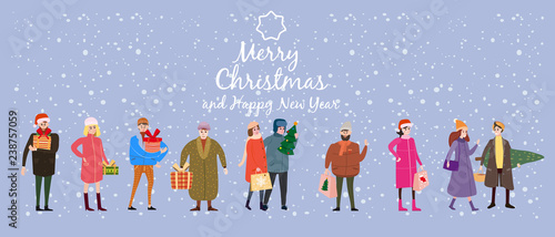Merry Christmas and New Year, card template with people characters, men and women in winter clothes come with gifts, trend retro flat cartoon to style vector, illustration, isolated, banner
