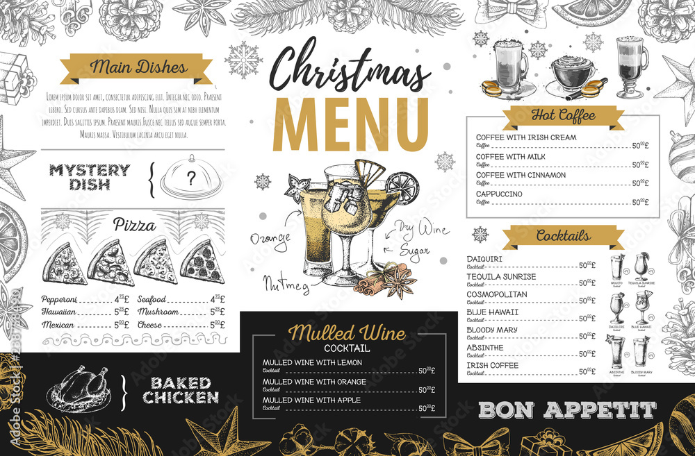Fototapeta premium Hand drawing Christmas holiday menu design. Restaurant menu
