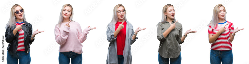 Collage of beautiful blonde young woman over isolated background amazed and smiling to the camera while presenting with hand and pointing with finger. Collage of beautiful blonde young woman over isolated background amazed and smiling to the camera while presenting with hand and pointing with finger.