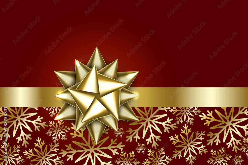 Gold bow isolated on red background. Shiny golden ribbon. Christmas satin decoration. New Year holiday design. Birthday celebration present. Gold decor element for gift package. Vector illustration. Gold bow isolated on red background. Shiny golden ribbon. Christmas satin decoration. New Year holiday design. Birthday celebration present. Gold decor element for gift package. Vector illustration.