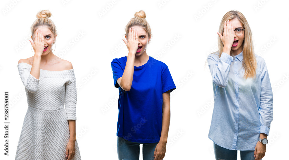 Collage of young beautiful blonde woman over isolated background covering one eye with hand with confident smile on face and surprise emotion. Collage of young beautiful blonde woman over isolated background covering one eye with hand with confident smile on face and surprise emotion.