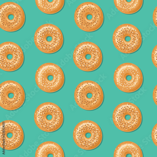 Seamless pattern with top view of fresh bagels, white and brown sesame seeds on top. Delicious breakfast. Vector seamless pattern.