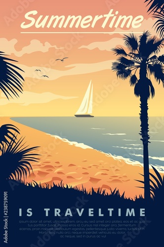A vintage style poster with a tropical beach and a sailboat on the sea with the text Summertime is travel time Fototapet
