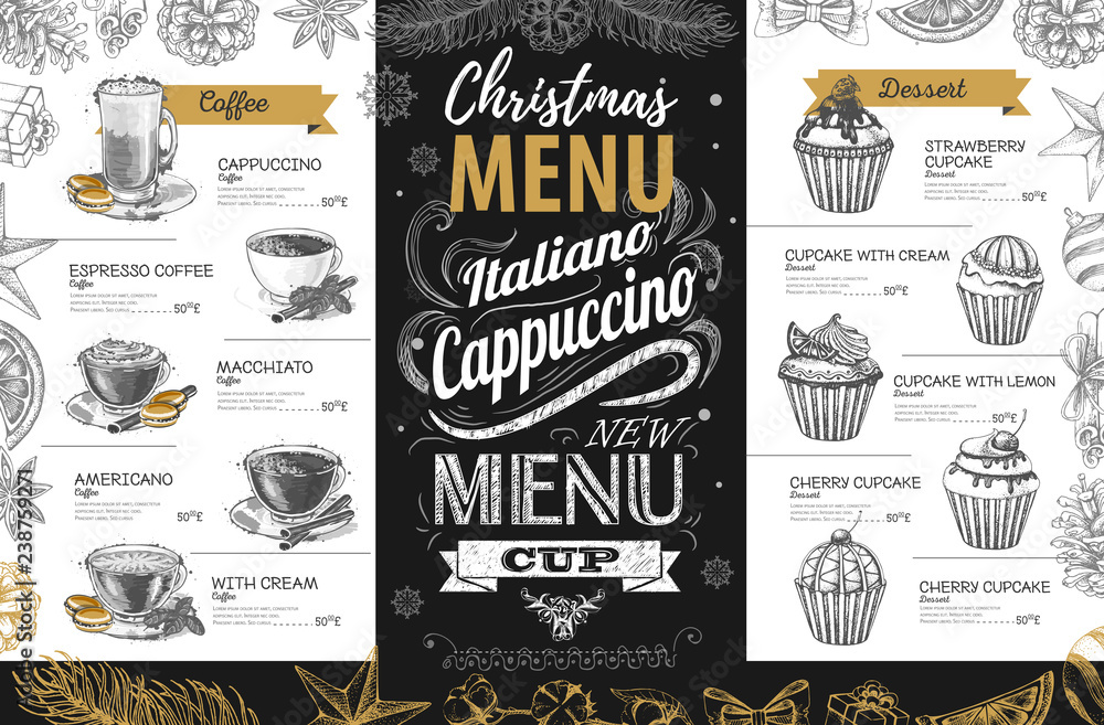 Hand drawing Christmas holiday menu design. Restaurant menu