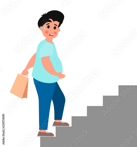 Fat young man climb up the stairs. Vector illustration on white background.
