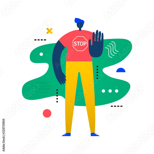 Man put his hand forward, stop gesture. Creative vector illustration made in abstract composition