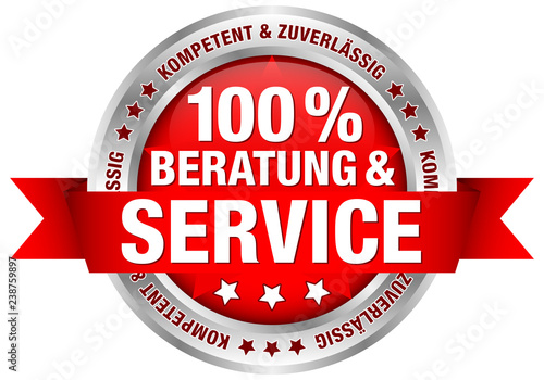 Button Banderole "100% Beratung & Service" rot/silber