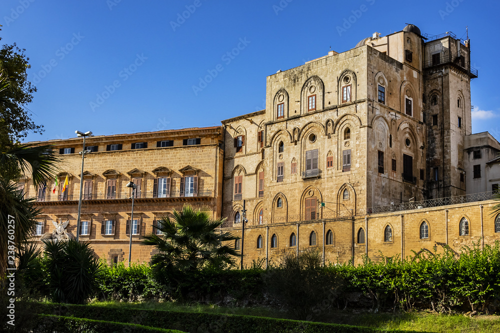 Palermo Palace of Normans (Palazzo dei Normanni) or old Royal Palace. Norman Palace - one of oldest royal palaces in Europe; it was created in IX century by Emir of Palermo. Palermo, Sicily, Italy.