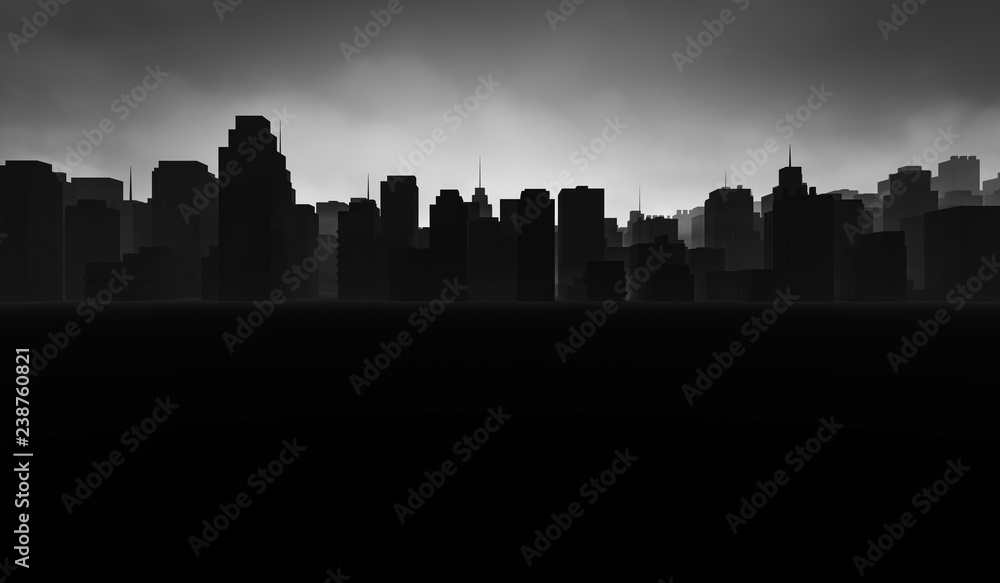 Silhouette cityscape background. Black buildings with smoke. Dramatic concept. 3D Rendering Illustration.