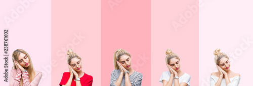 Collage of young beautiful blonde woman over vivid colorful vintage pink isolated background sleeping tired dreaming and posing with hands together while smiling with closed eyes.