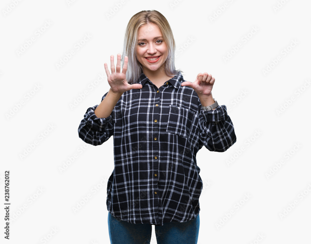 Young blonde woman over isolated background showing and pointing up with fingers number six while smiling confident and happy. Young blonde woman over isolated background showing and pointing up with fingers number six while smiling confident and happy.