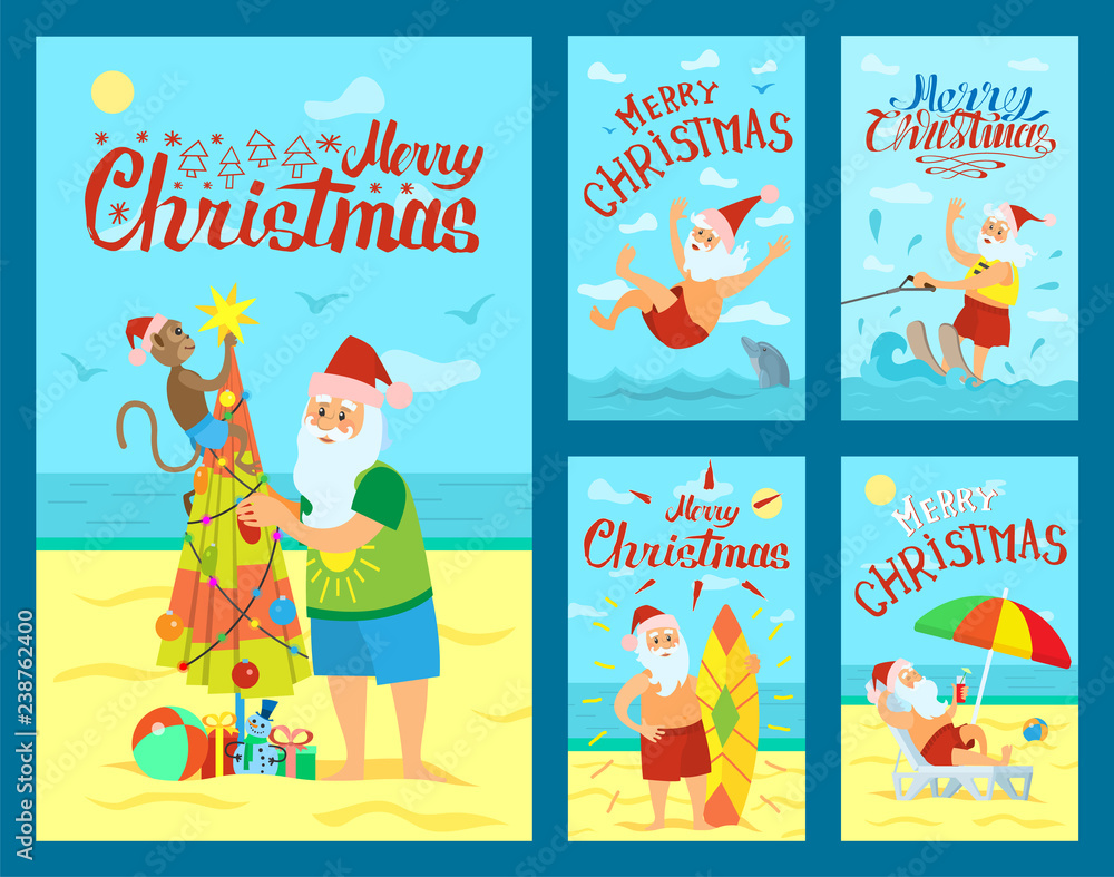 Fototapeta premium Merry Christmas Santa Claus Surfing Board, Dolphin