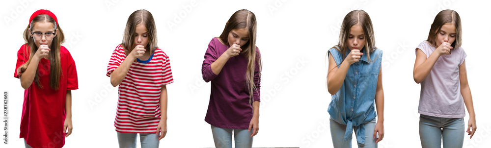 Collage of young beautiful little girl kid over isolated background feeling unwell and coughing as symptom for cold or bronchitis. Healthcare concept. Collage of young beautiful little girl kid over isolated background feeling unwell and coughing as symptom for cold or bronchitis. Healthcare concept.