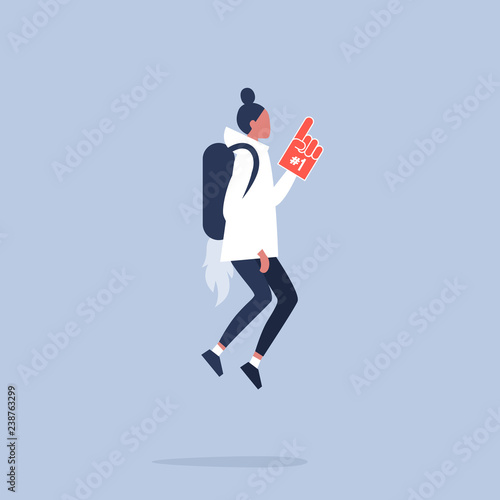 Leader, conceptual illustration. Young female character wearing a jetpack and a foam finger. Flat vector. Victory. Achievement. Success.