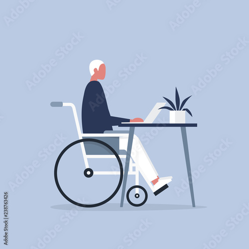 Young disabled male character in a wheelchair working in the office. Workspace. Millennials at work. Flat editable vector illustration, clip art