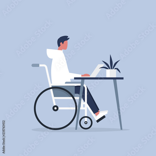 Young disabled male character in a wheelchair working in the office. Workspace. Millennials at work. Flat editable vector illustration, clip art