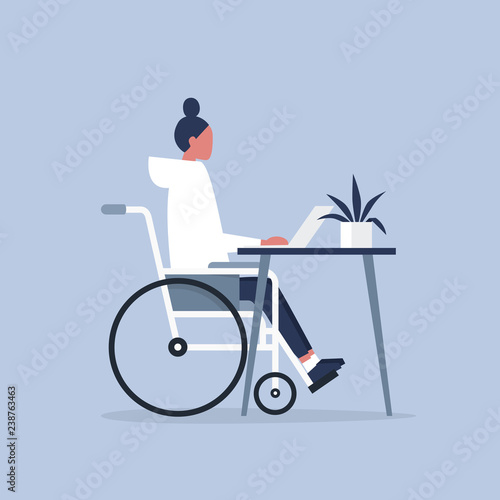 Young disabled female character in a wheelchair working in the office. Workspace. Millennials at work. Flat editable vector illustration, clip art