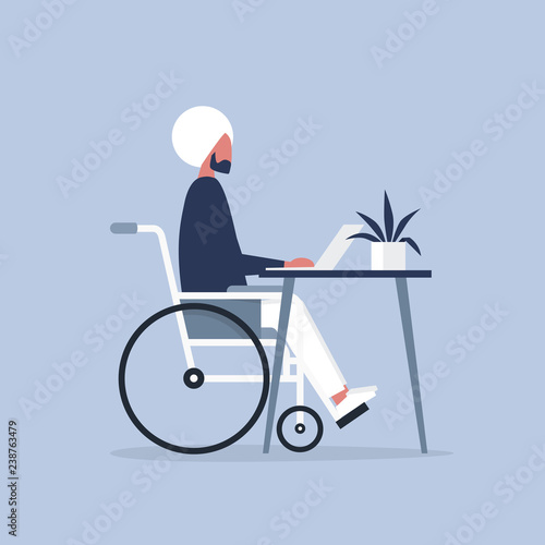 Young disabled indian male character in a wheelchair working in the office. Workspace. Millennials at work. Flat editable vector illustration, clip art