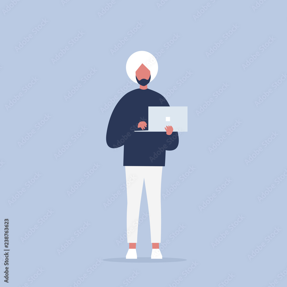 Obraz premium Young indian character holding a laptop, front view. Millennials at work. Technology. Flat editable vector illustration, clip art