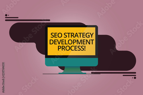 Handwriting text Seo Strategy Development Process. Concept meaning Search Engine Optimization develop Mounted Computer Monitor Blank Reflected Screen on Abstract Background
