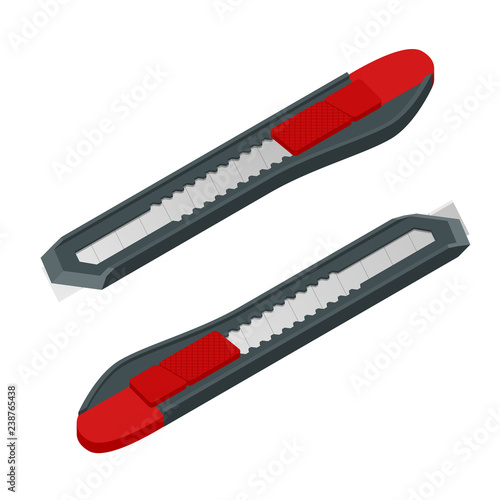 Isometric Box cutter knife, red paper cutter isolated on white. Stationery outline, office knife vector illustration