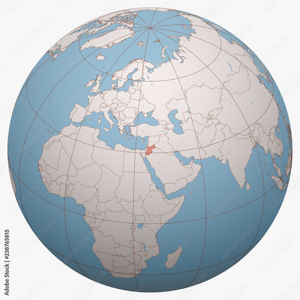 Jordan on the globe. Earth hemisphere centered at the location of the  Hashemite Kingdom of Jordan. Jordan map. Stock Vector | Adobe Stock