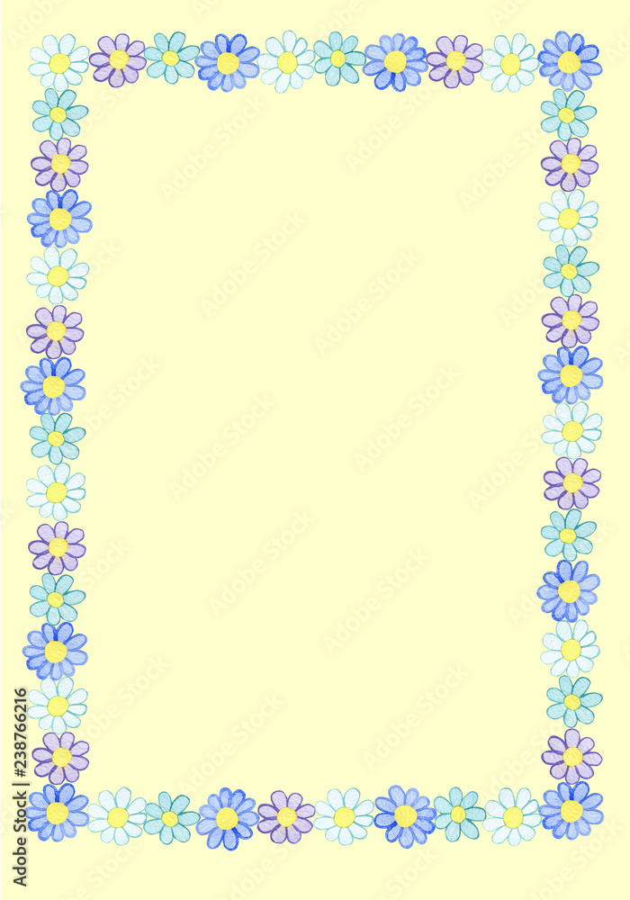 Frame from watercolor hand drawn white, blue and violet wildflowers. Isolated on light yellow background. Background can be changed