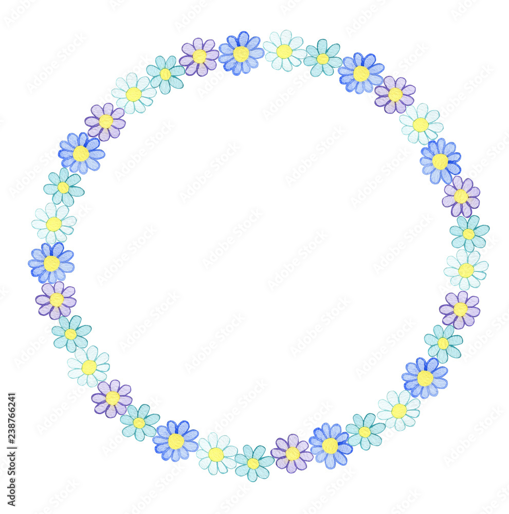 Wreath from watercolor hand drawn white, blue and violet wildflowers. Isolated on white background. Background can be changed