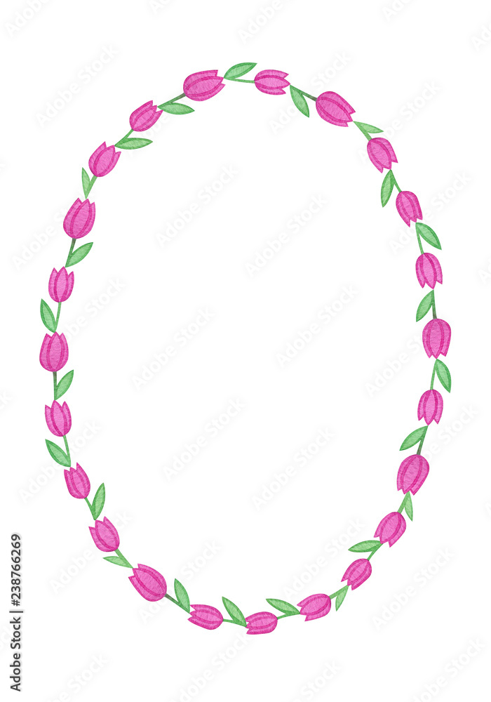 Obraz premium Oval wreath from watercolor hand drawn tulips. Isolated on white background. Background can be changed