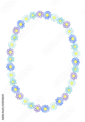 Oval wreath from watercolor hand drawn white, blue and violet wildflowers. Isolated on white background. Background can be changed