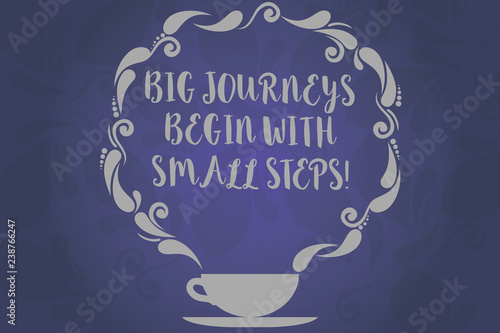 Conceptual hand writing showing Big Journeys Begin With Small Steps. Business photo text One step at a time to reach your goals Cup and Saucer with Paisley Design on Blank Watermarked Space
